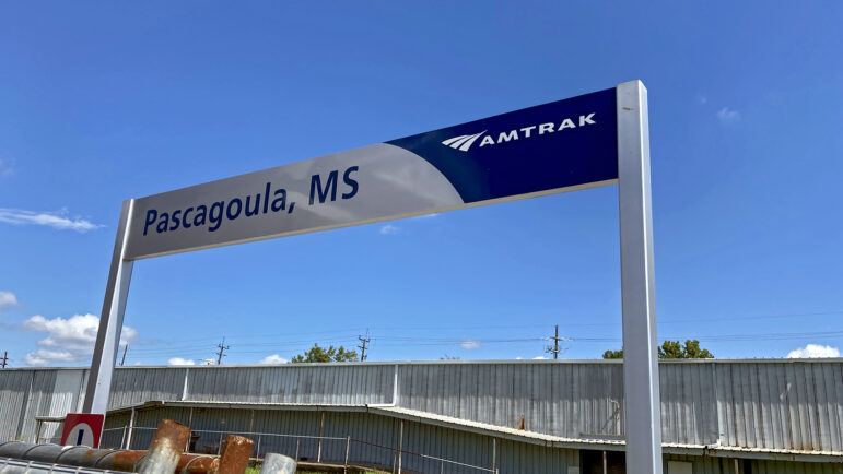 A sign along the Amtrak Mardi Gras Service welcomes passengers to the station in Pascagoula, Mississippi, on Aug. 14, 2025.