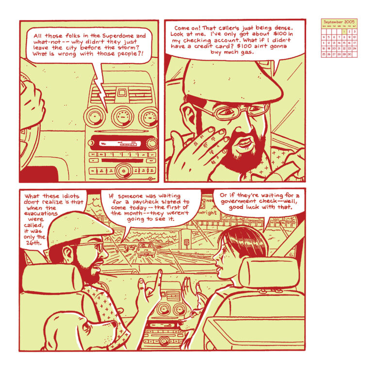 A panel from Josh Neufeld’s 2009 nonfiction graphic novel, “A.D.: New Orleans After the Deluge,” depicts Leo McGovern and his then-fiancée, Michelle, on their drive back to New Orleans after evacuating at the last minute before Hurricane Katrina struck the Gulf Coast on August 29, 2005.