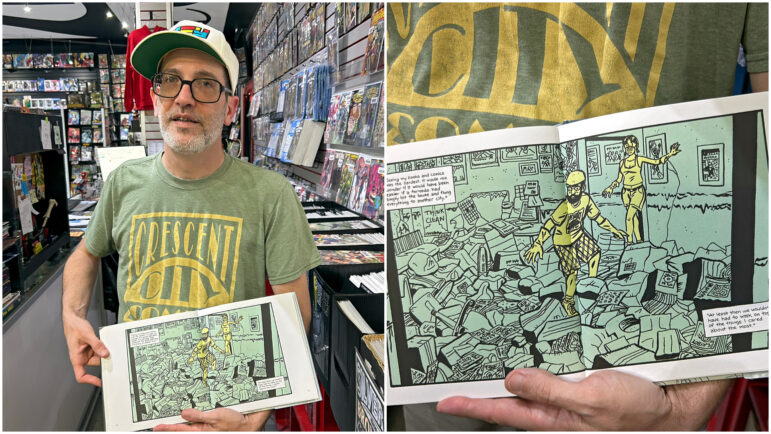 Leo McGovern displays a panel depicting himself entering his home for the first time after Hurricane Katrina that was included in Josh Neufeld’s 2009 nonfiction graphic novel, “A.D.: New Orleans After the Deluge,” at Crescent City Comics in New Orleans on Wednesday, July 9, 2025.