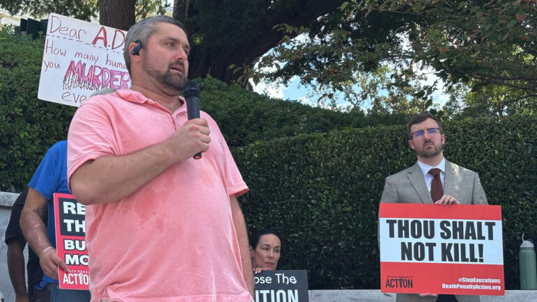 Will Berry speaks during a protest outside the Capitol in Montgomery, Ala., on Tuesday, Sept. 23,2025.