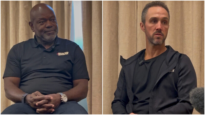 Former NFL player Emmitt Smith (left) and Zac Clark (right) talk about the Ready to Rescue initiative on Tuesday, Sept. 16, 2025, in Baton Rouge, Louisiana.
