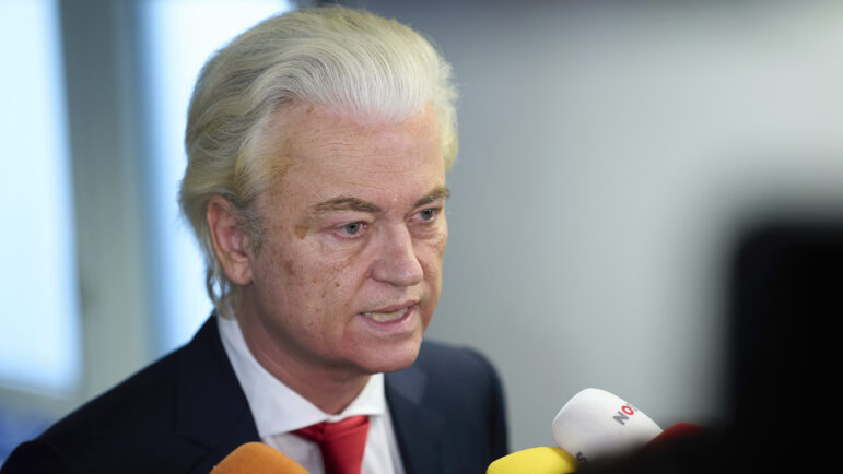 Far-right lawmaker Geert Wilders talks to the media after pulling his party out of the four-party Dutch coalition in The Hague, Netherlands, Tuesday, June 3, 2025.