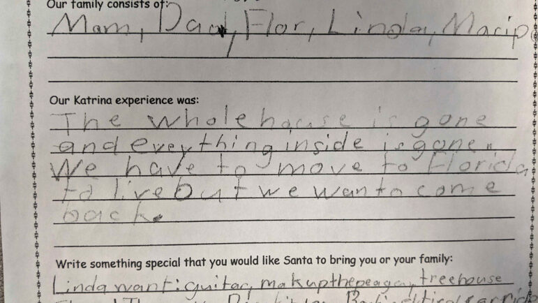 A copy of Linda Gieseler's letter she wrote for the "Dear Santa" program. She was in third grade when she wrote down what happened to their home during the storm and what her family wanted for Christmas.